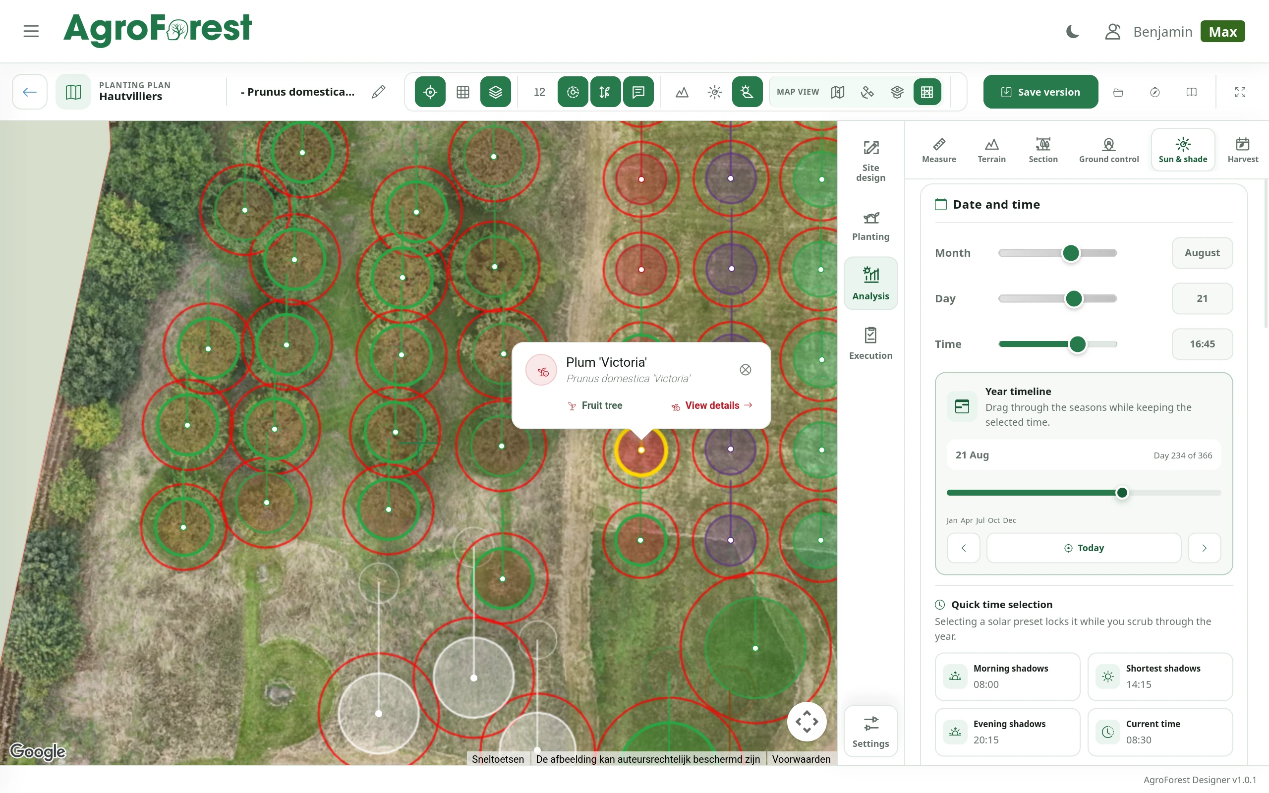 Food forest planting plan aligned with an aerial image in AgroForest Designer