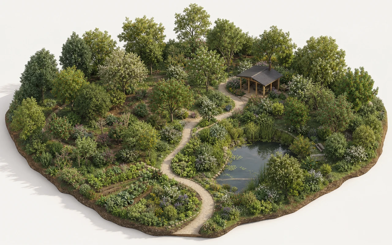 Concept illustration of a mature layered food forest with paths and a pond