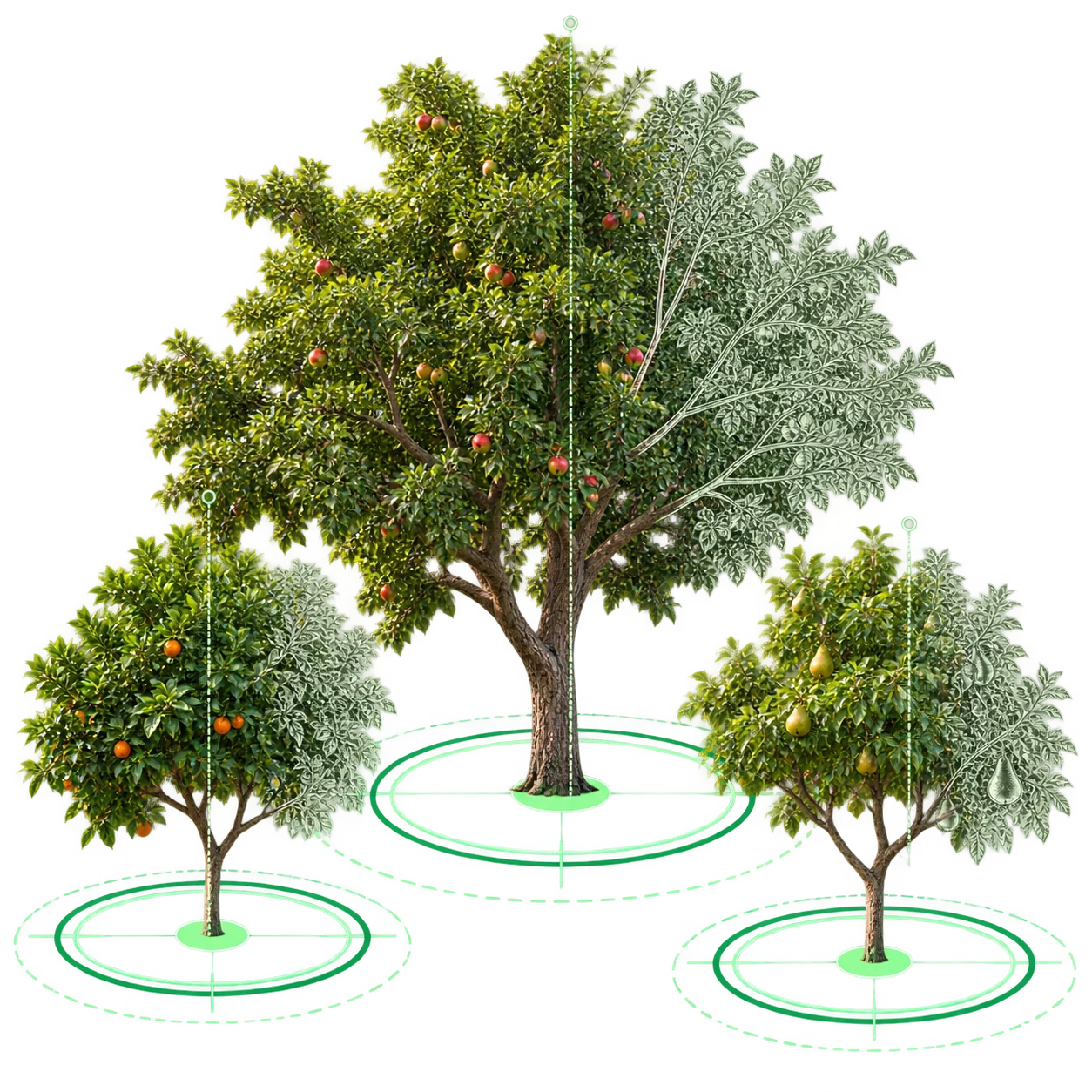 Three fruit trees blending into botanical drawings, with prominent planting markers, canopy-width rings, dashed spacing circles and height guides