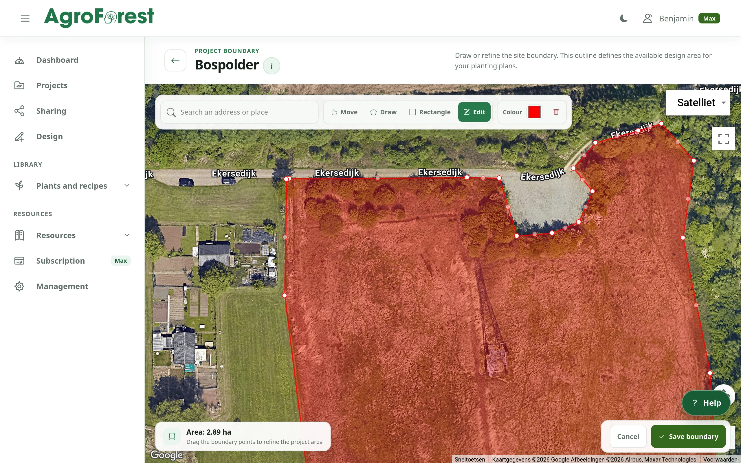 AgroForest Designer planting workspace with an aerial base map and a marked project boundary