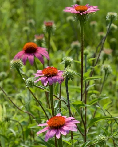 Pink flowers on tall stems of Echinacea purpurea.